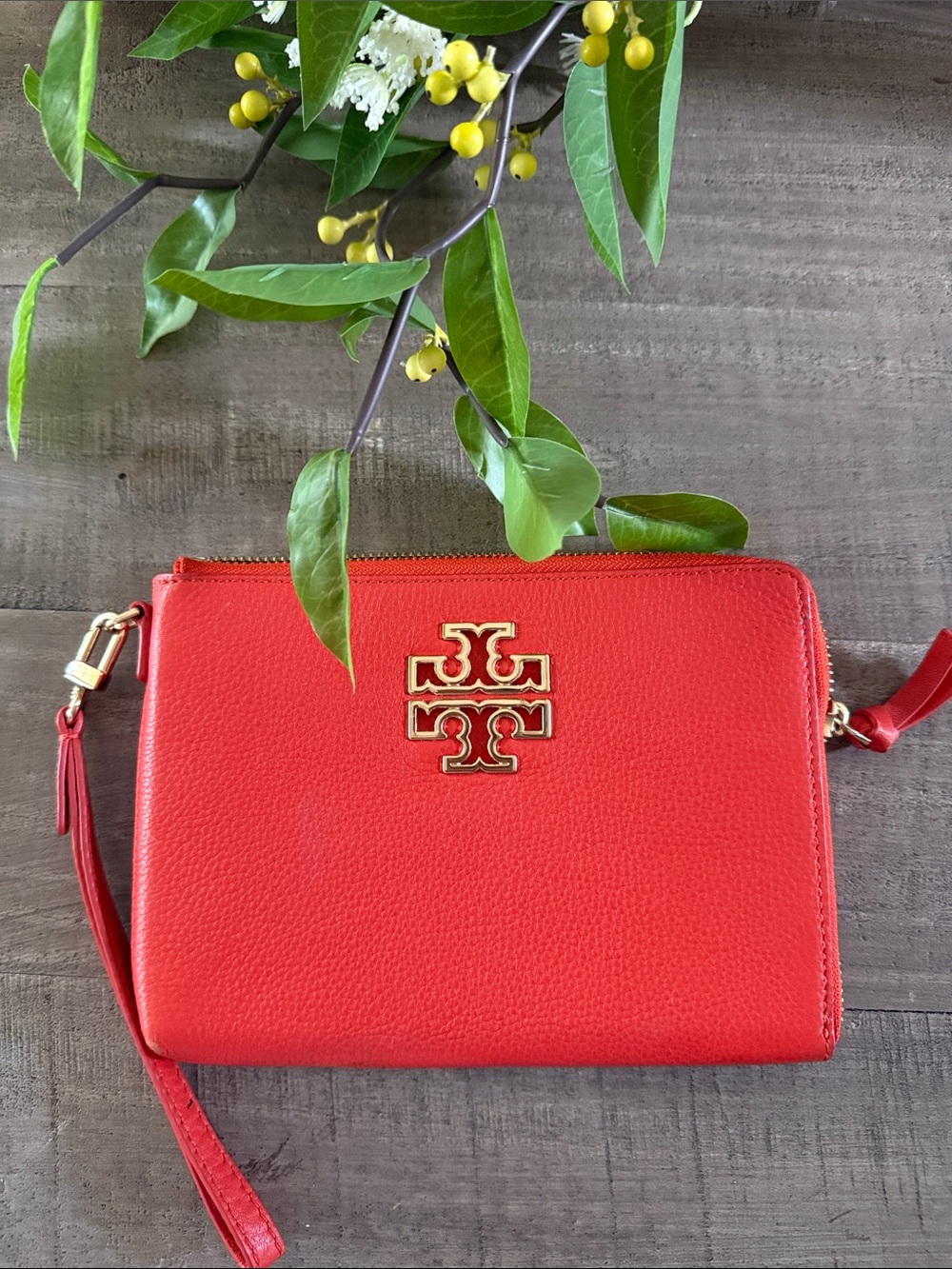 Tory Burch Red Leather Wristlet with Gold Logo